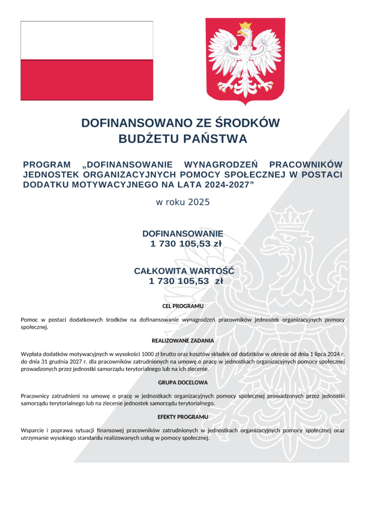 Plakat informacyjny programu "Dofinansowanie wynagrodzeń pracowników jednostek organizacyjnych pomocy społecznej w postaci dodatku motywacyjnego na lata 2024-2027" - dofinansowanie w roku 2025 wynosi 1 730 105,53 zł